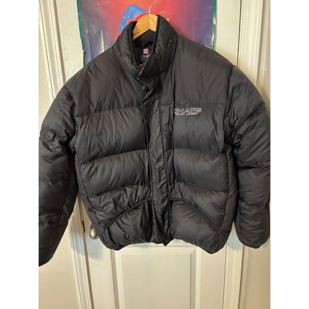 Chaps Ralph Lauren Vintage Puffer Jacket Black Down Fill Mens Large Hidden Hood
